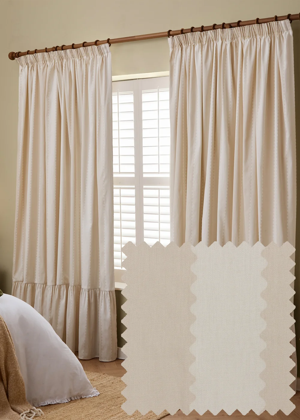 Wylder Birdie Stripe Ruffle Oat/Milk Pencil Pleat Curtain Pair - 46W X 54D (117x137cm Image 1
