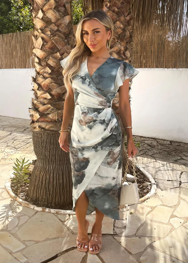 AX Paris Duck Egg Marble Print Flutter Sleeve Wrap Midi Dress