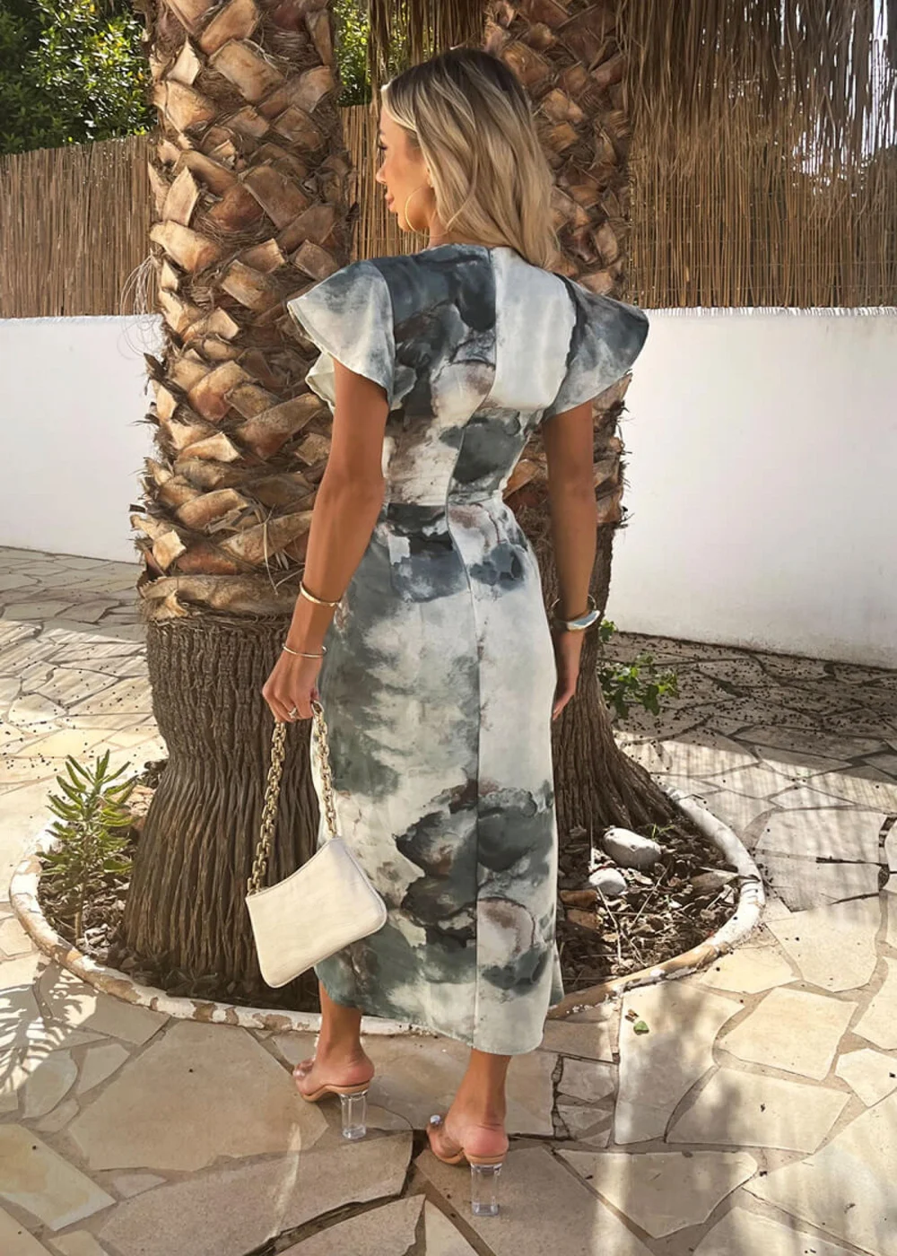 AX Paris Duck Egg Marble Print Flutter Sleeve Wrap Midi Dress - 12 Image 5