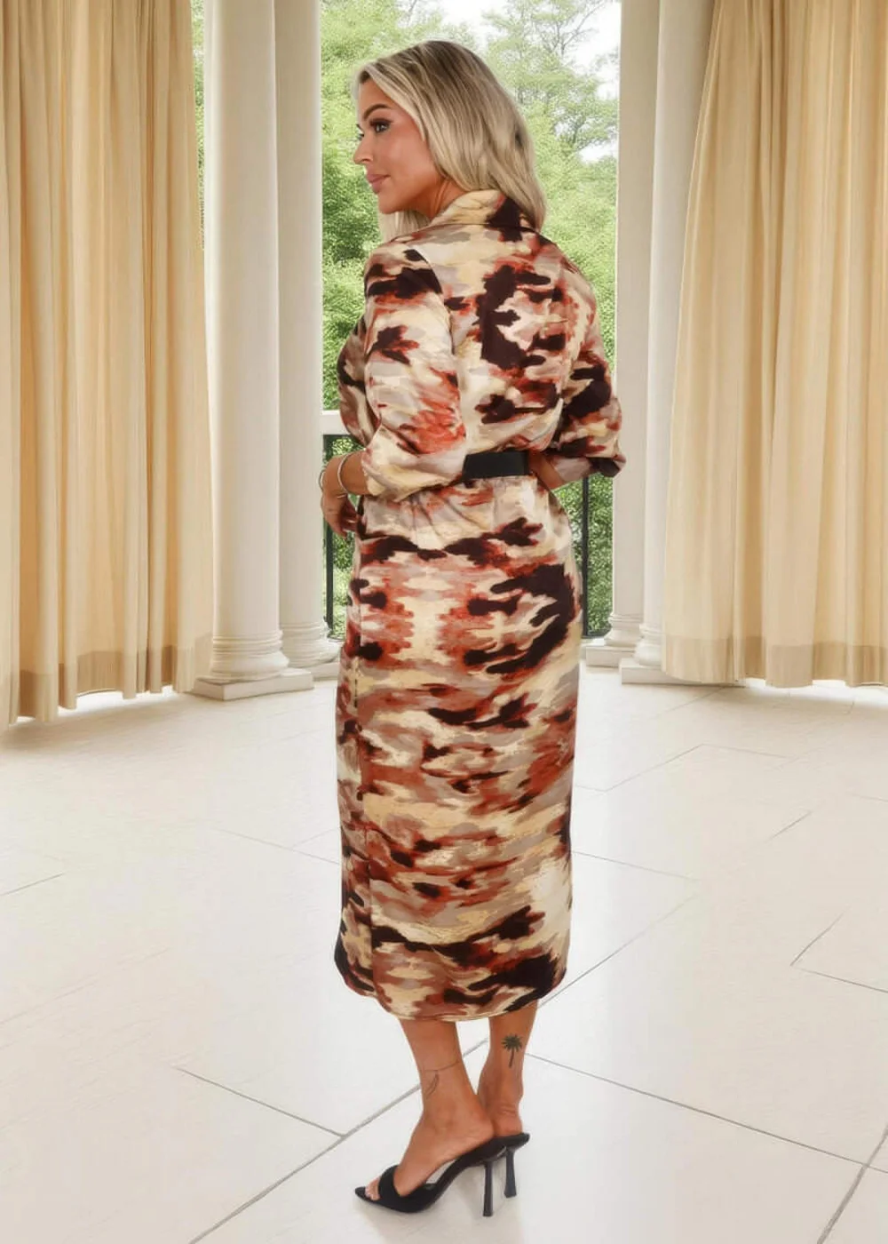AX Paris Brown Smudge Print Belted Wrap Shirt Midi Dress - 16 Image 4