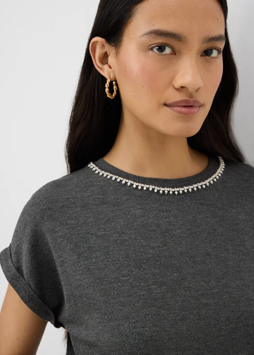 Grey Embellished Neck Trim T-Shirt - 16 Image 1