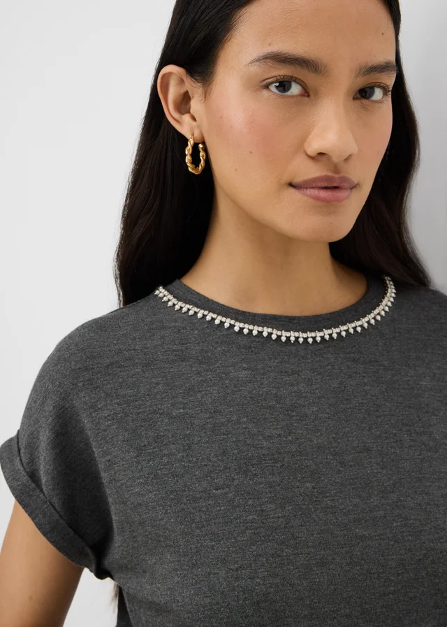 Grey Embellished Neck Trim T-Shirt