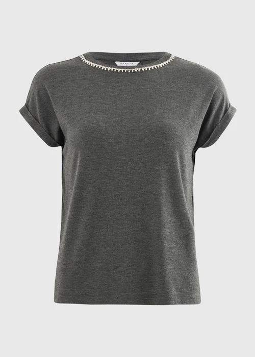 Grey Embellished Neck Trim T-Shirt - 16 Image 2