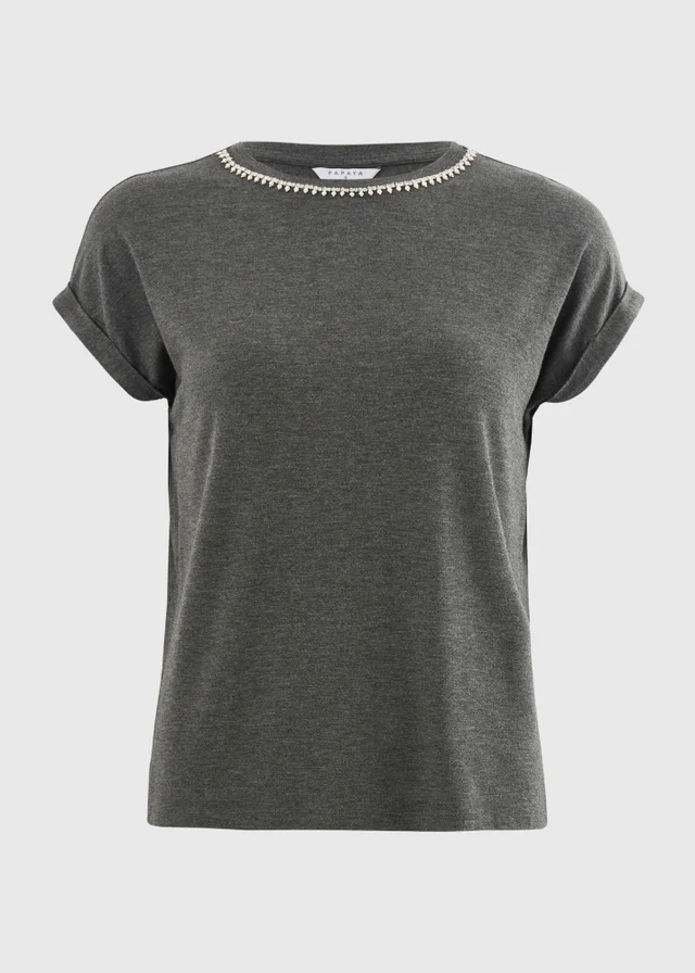 Grey Embellished Neck Trim T-Shirt