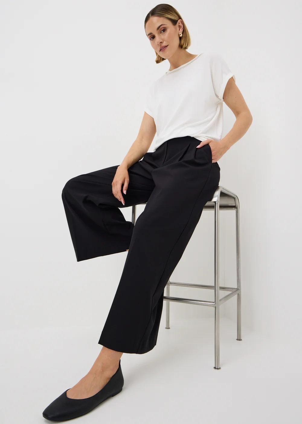 White Embellished Neck Trim T-Shirt - 12 Image 3