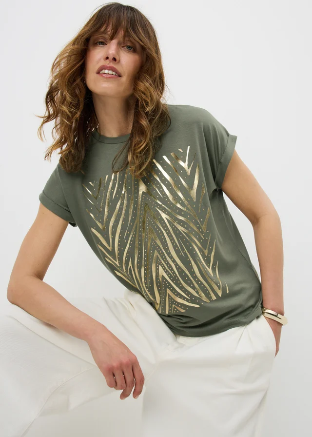 Khaki Zebra Foil Hot Fix Embellished T-Shirt