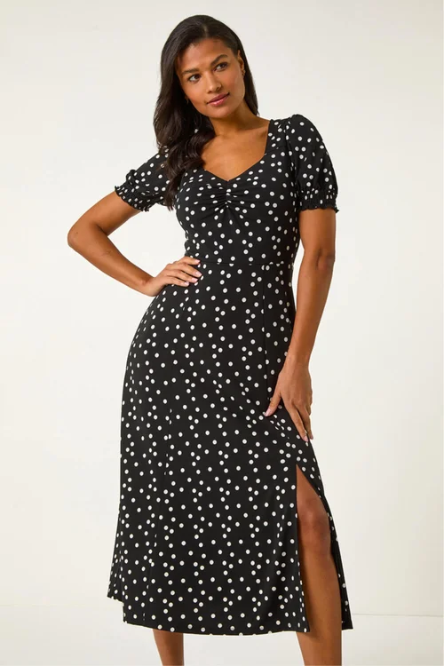 Roman Black Spotted Sweetheart Stretch Midi Dress - 16 Image 4