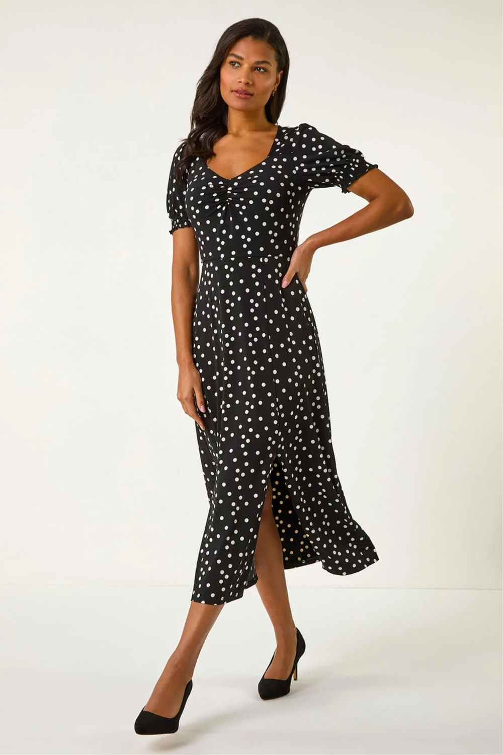 Roman Black Spotted Sweetheart Stretch Midi Dress - 16 Image 2