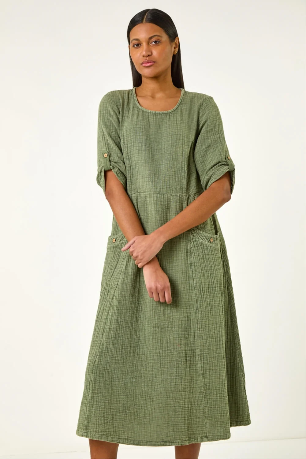 Roman Khaki Textured A-Line Midi Dress - 14 Image 2