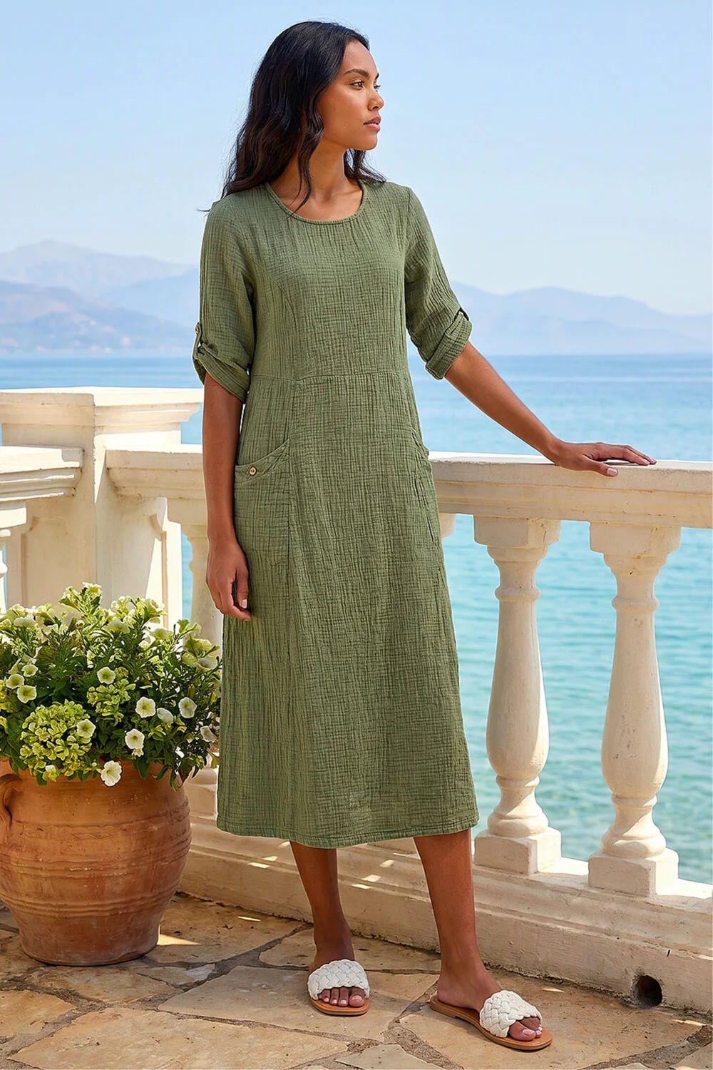 Roman Khaki Textured A-Line Midi Dress - 14 Image 1