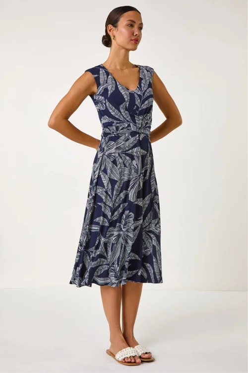 Roman Navy Leaf Print Twist Front Stretch Dress - 12 Image 1