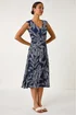 Roman Navy Leaf Print Twist Front Stretch Dress - 12 Image 1