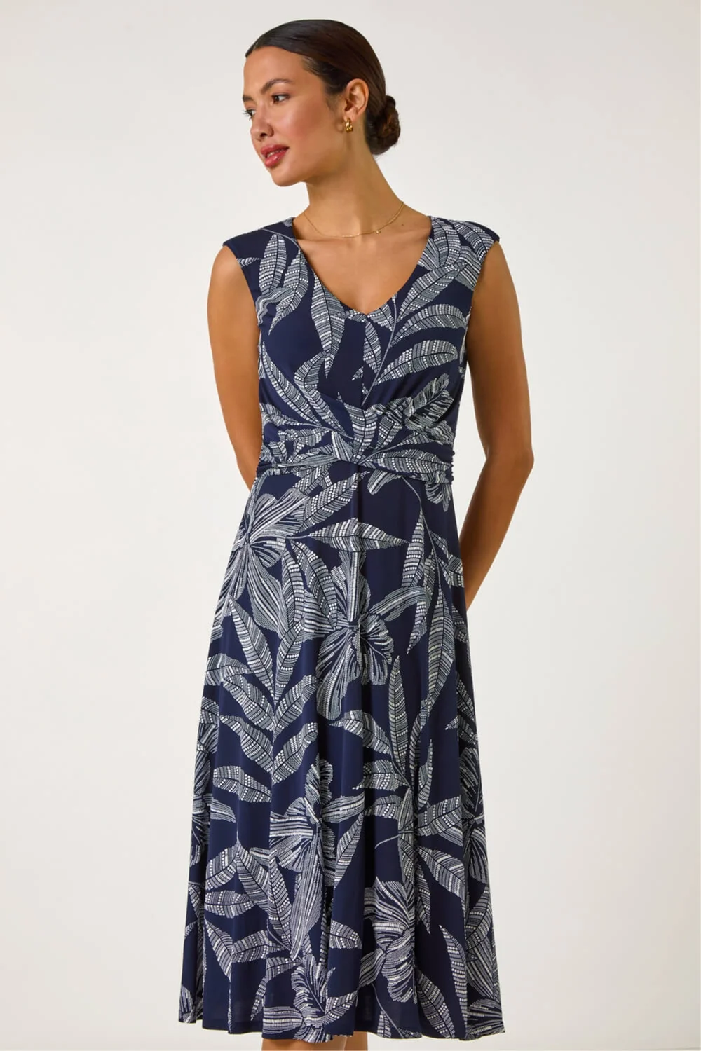 Roman Navy Leaf Print Twist Front Stretch Dress - 12 Image 2