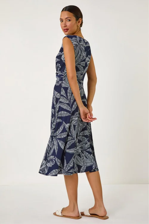 Roman Navy Leaf Print Twist Front Stretch Dress - 12 Image 3