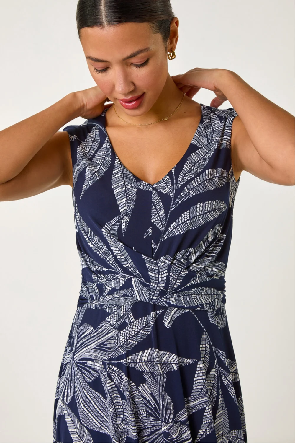 Roman Navy Leaf Print Twist Front Stretch Dress - 12 Image 4