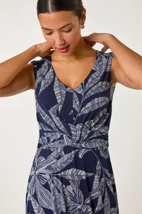 Roman Navy Leaf Print Twist Front Stretch Dress - 12 Image 4