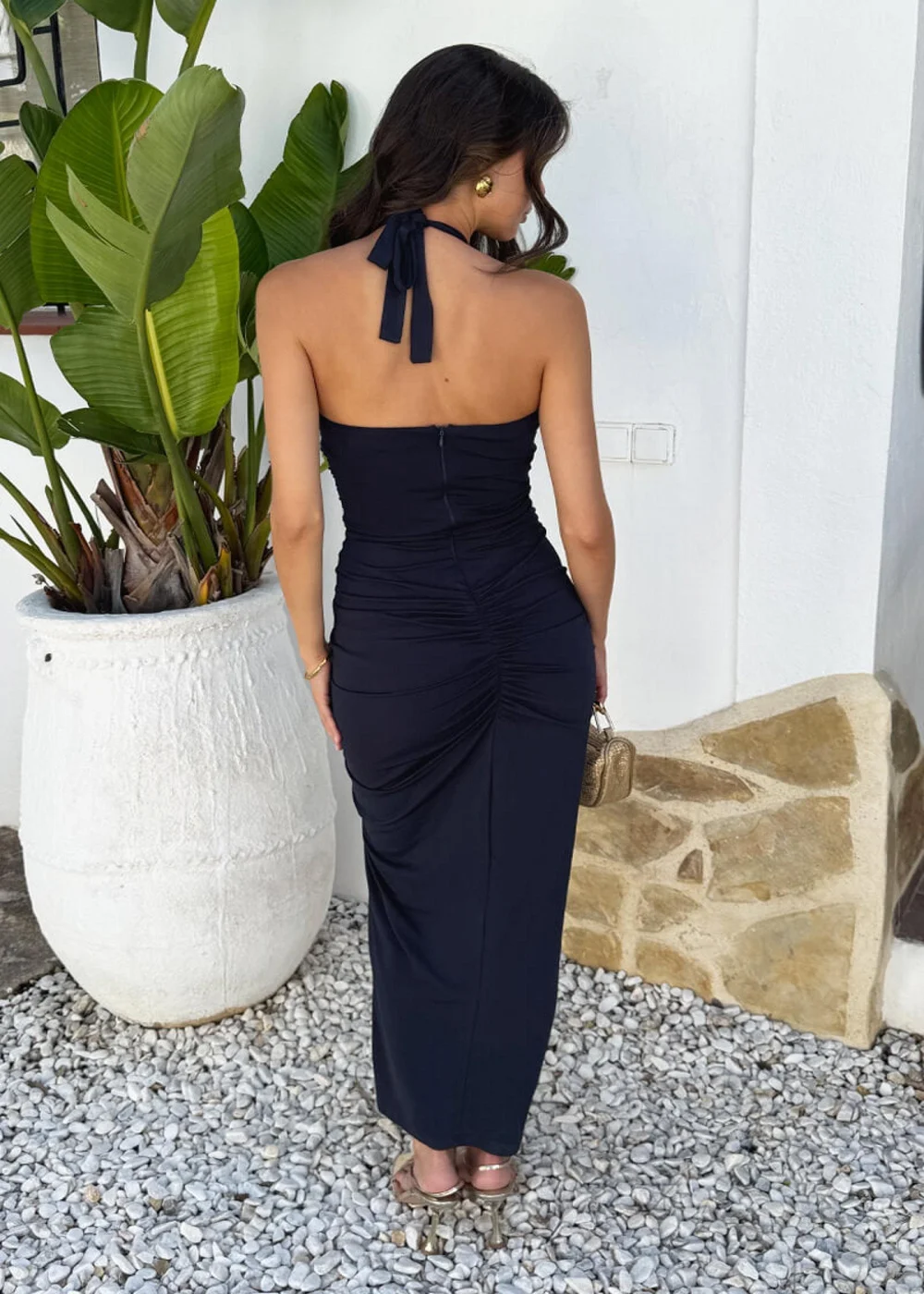 AX Paris Navy Tie Halter Neck Ruched Side Midi Dress - 16 | Matalan AX Paris Navy Tie Halter Neck Ruched Side Midi Dress - 16 | Matalan