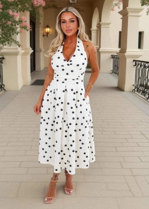 AX Paris Cream & Black Polka Dot Tie Halter Neck Midi Dress - 8 Image 1