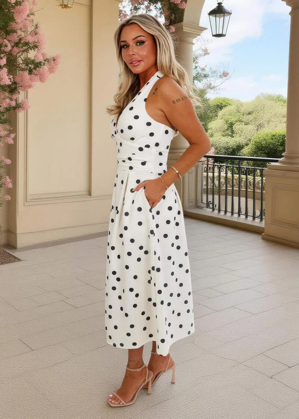AX Paris Cream & Black Polka Dot Tie Halter Neck Midi Dress - 8 Image 5