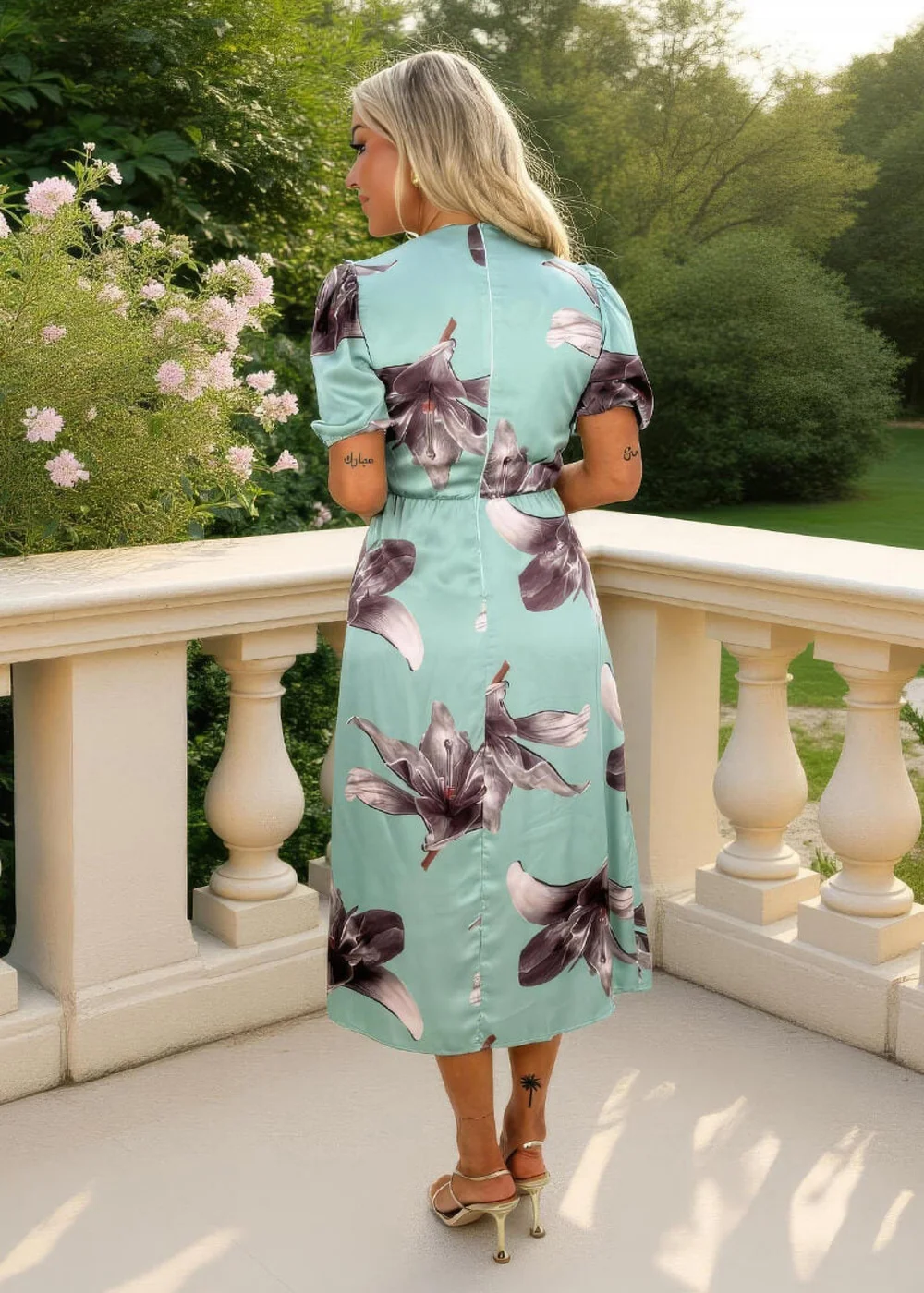 AX Paris Duck Egg Floral Print Wrap Top Ruched Detail Midi Dress - 8 Image 5