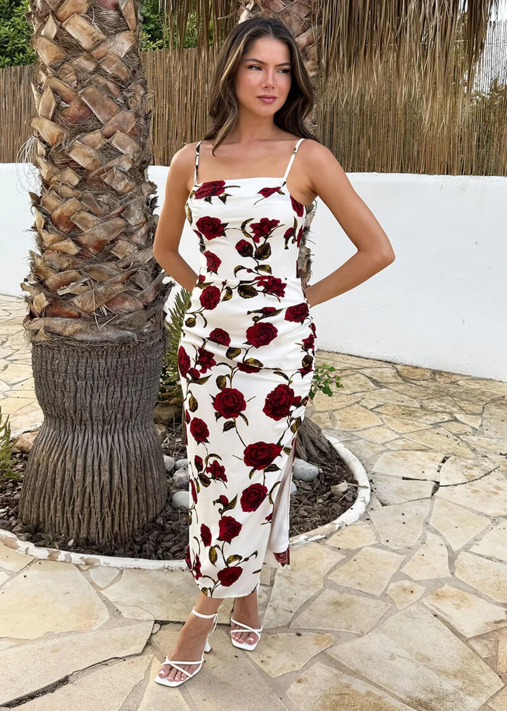 AX Paris Cream Rose Printed Ruched Side Strappy Midi Dress - 8 Image 2