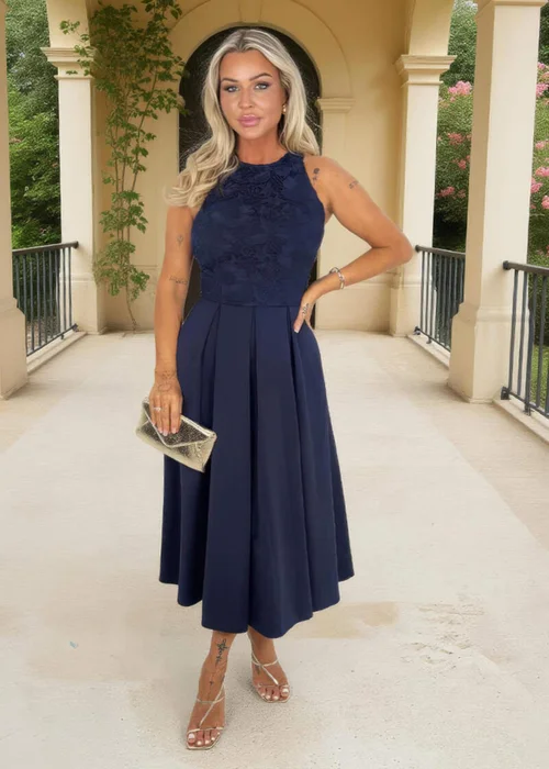 AX Paris Navy Embroidered Top Overlay A-Line Skirt Midi Dress - 10 Image 1