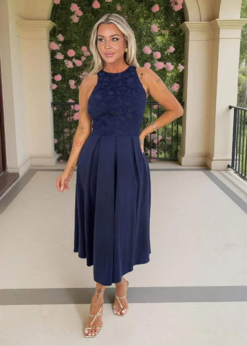 AX Paris Navy Embroidered Top Overlay A-Line Skirt Midi Dress - 10 Image 2
