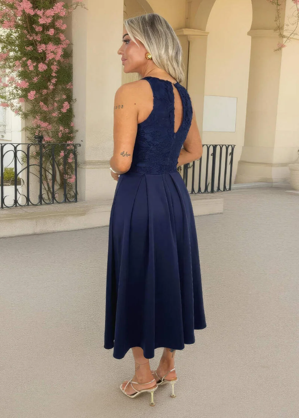 AX Paris Navy Embroidered Top Overlay A-Line Skirt Midi Dress - 10 Image 5