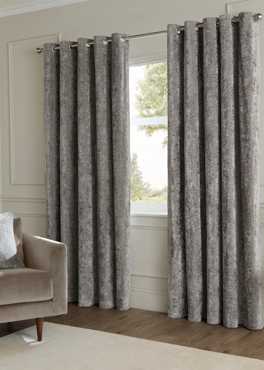 Paoletti Lustre Velvet Room Darkening Pewter Eyelet Curtain Pair - 46W X 54D (117x137cm Image 2