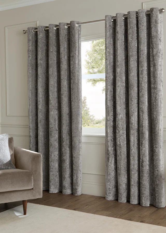 Paoletti Lustre Velvet Room Darkening Pewter Eyelet Curtain Pair