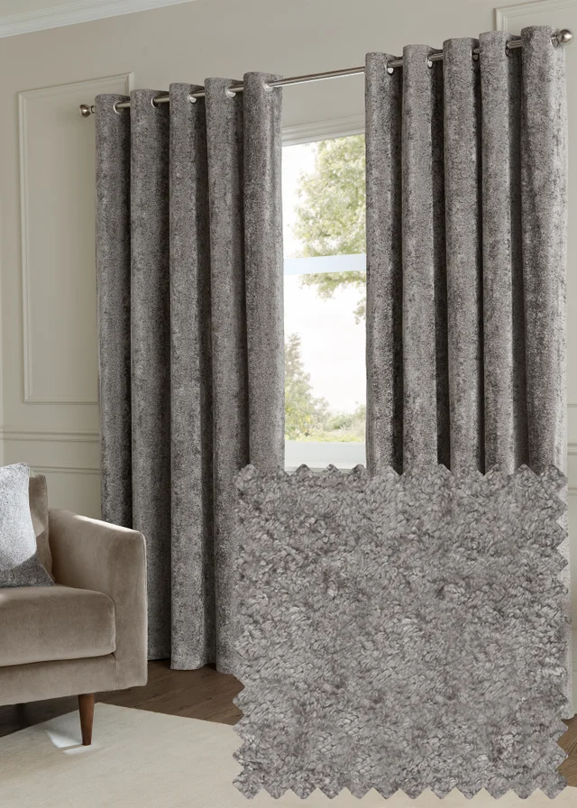 Paoletti Lustre Velvet Room Darkening Pewter Eyelet Curtain Pair
