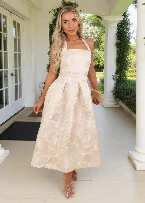 AX Paris Blush Floral Jacquard Tie Neck A-Line Midi Dress - 8 Image 2