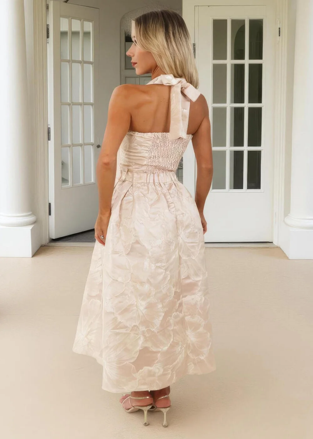 AX Paris Blush Floral Jacquard Tie Neck A-Line Midi Dress - 8 Image 5