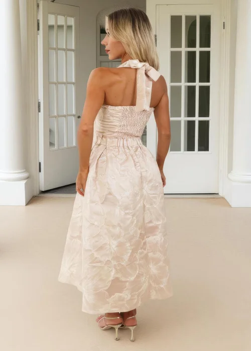 AX Paris Blush Floral Jacquard Tie Neck A-Line Midi Dress - 8 Image 5