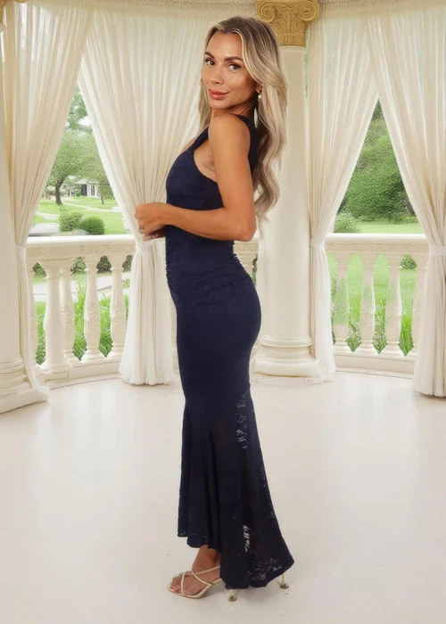 AX Paris Navy Lace Ruched Detail Fishtail Midi Dress - 10 Image 4
