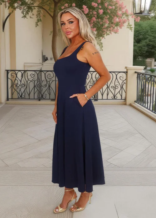AX Paris Navy Square Neck A-line Midi Dress - 8 Image 4