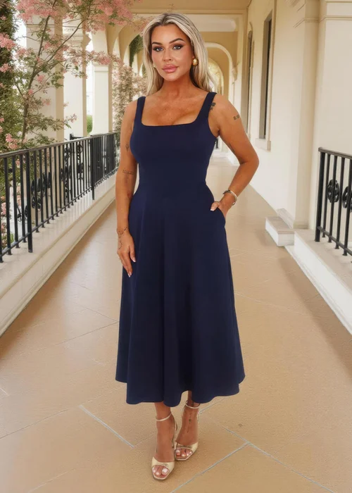 AX Paris Navy Square Neck A-line Midi Dress - 8 Image 3