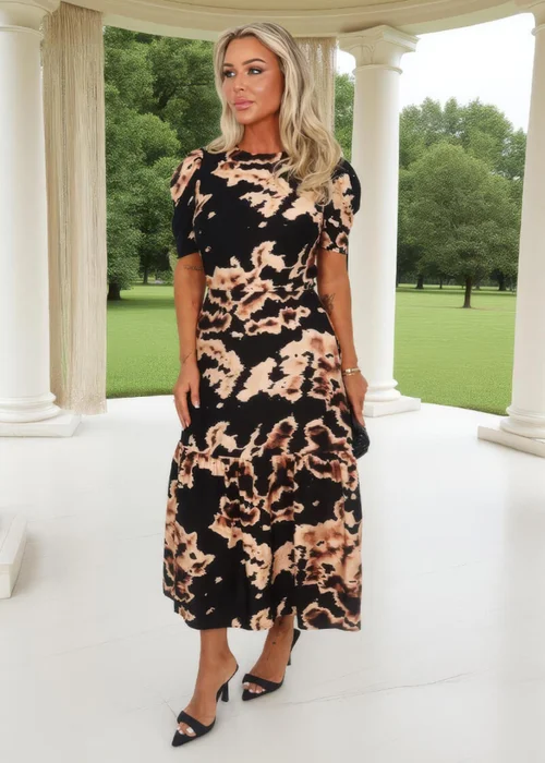 AX Paris Black Abstract Print Puff Sleeve Smock Midi Dress - 10 Image 3