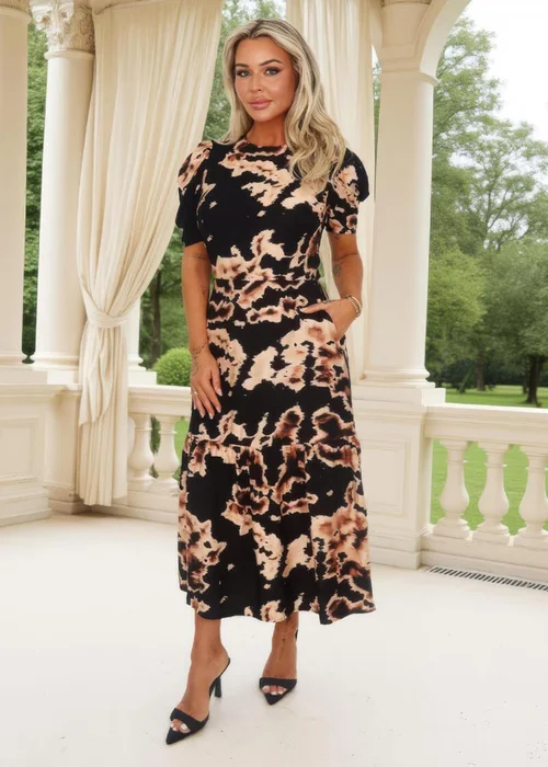 AX Paris Black Abstract Print Puff Sleeve Smock Midi Dress - 10 Image 1