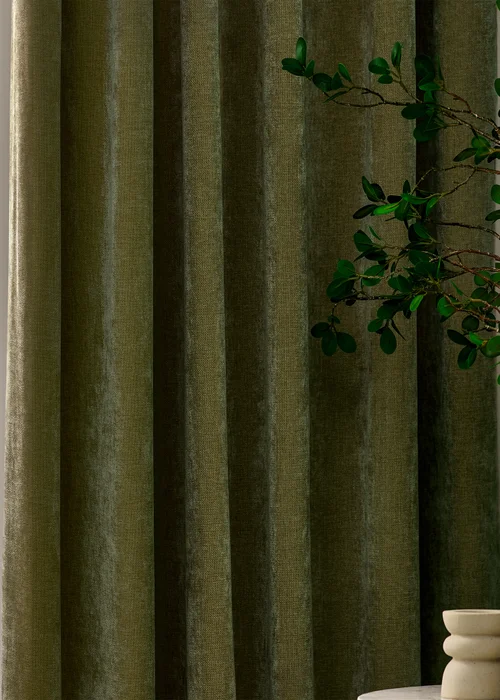 Yard Heavy Chenille Blackout Olive Pencil Pleat Curtain Pair - 46W X 54D (117x137cm Image 3
