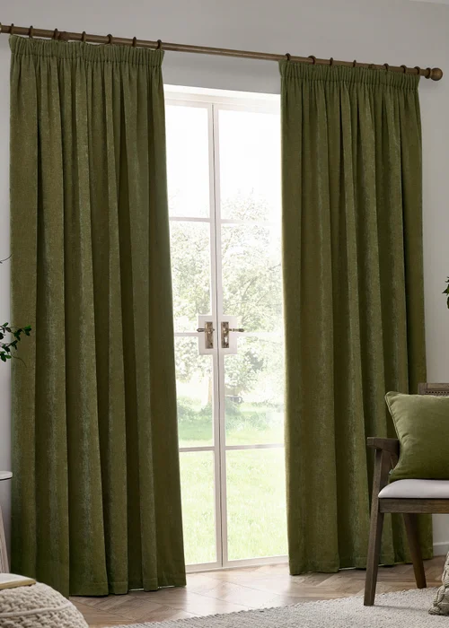 Yard Heavy Chenille Blackout Olive Pencil Pleat Curtain Pair - 46W X 54D (117x137cm Image 2