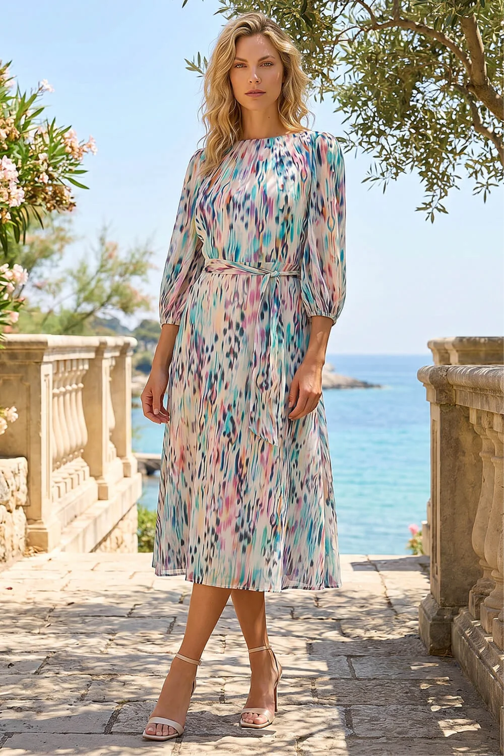 Roman White Blurred Print Pleat Neck Midi Dress - 20 Image 2