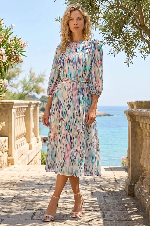 Roman White Blurred Print Pleat Neck Midi Dress - 20 Image 2