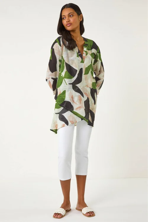 Roman Green Leaf Print Wrap Front Tunic Top - 14 Image 2