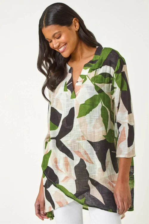 Roman Green Leaf Print Wrap Front Tunic Top - 14 Image 1