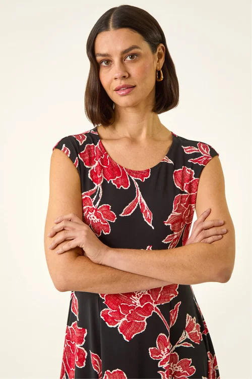 Roman Black Floral Print Stretch Midi Dress - 20 Image 4