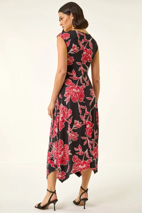 Roman Black Floral Print Stretch Midi Dress - 20 Image 3