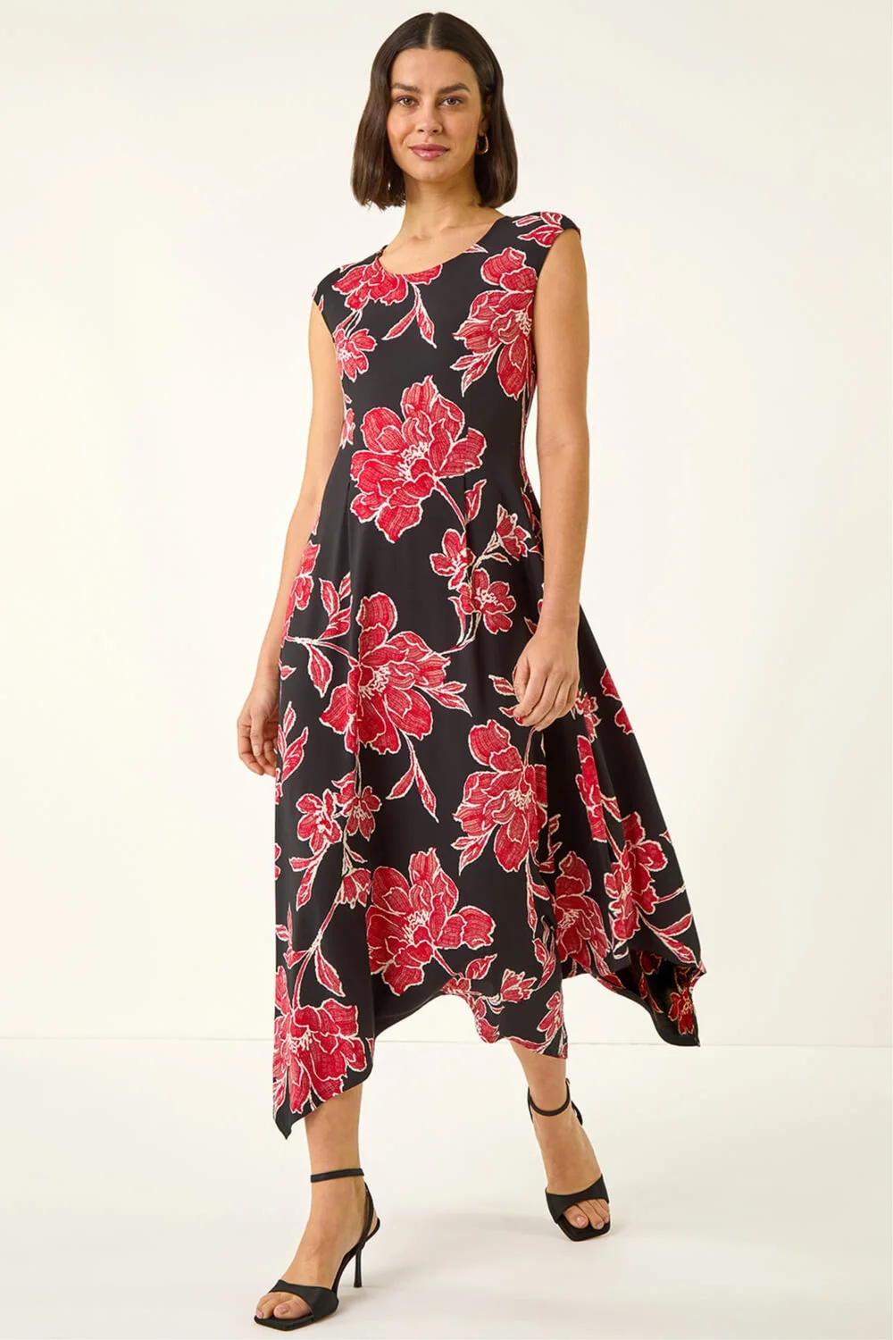 Roman Black Floral Print Stretch Midi Dress - 20 Image 1