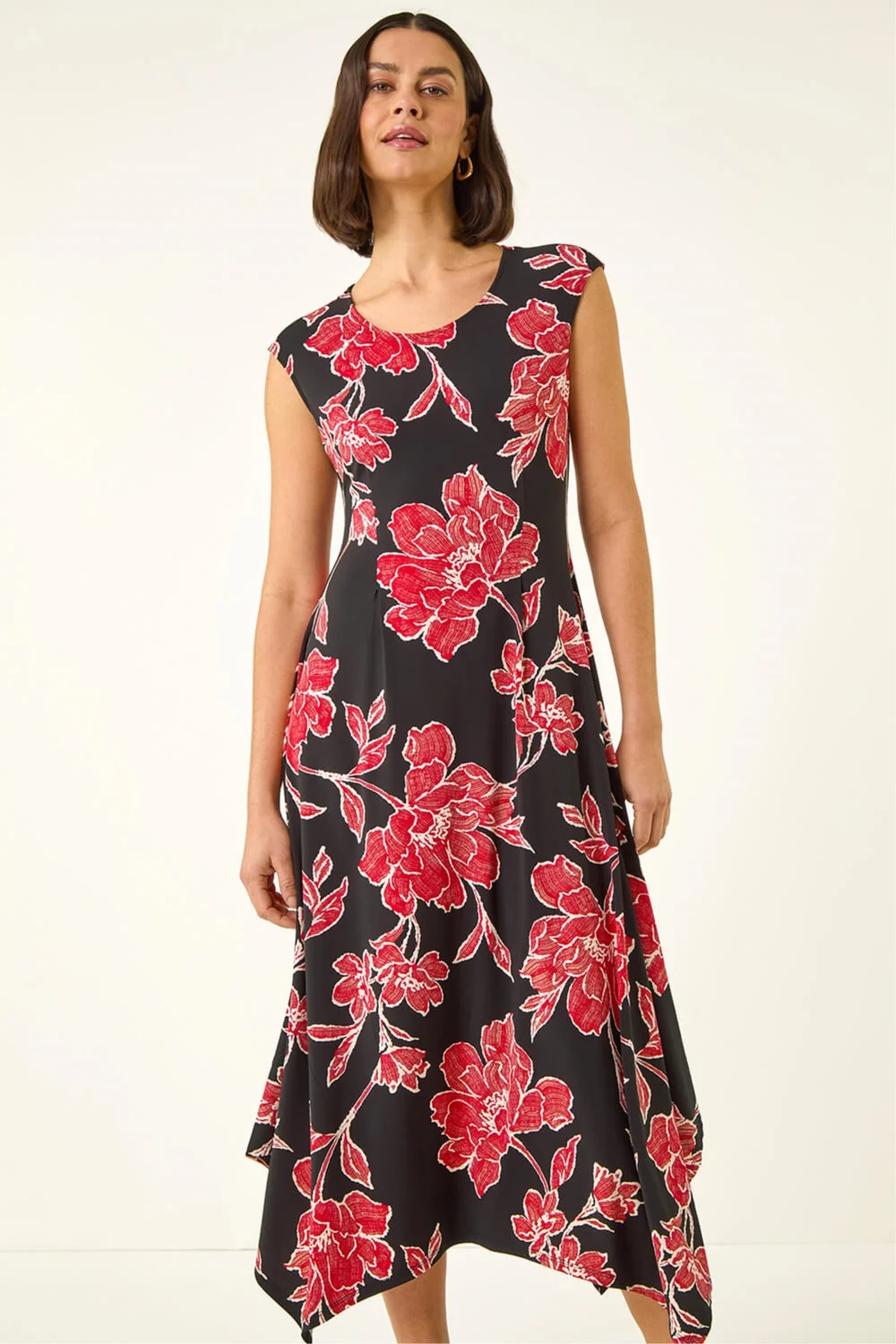 Roman Black Floral Print Stretch Midi Dress - 20 Image 2