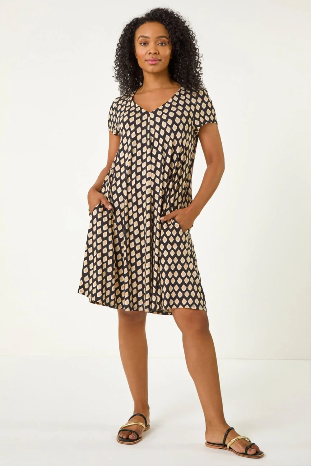 Roman Black Petite Print V-Neck Swing Pocket Dress - 12 Image 2